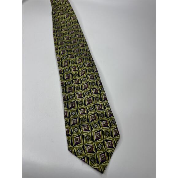 Mens Marino Gabri 100% Silk Neck Tie Green and Purple Square Bead Geometric Ptrn - Picture 1 of 7